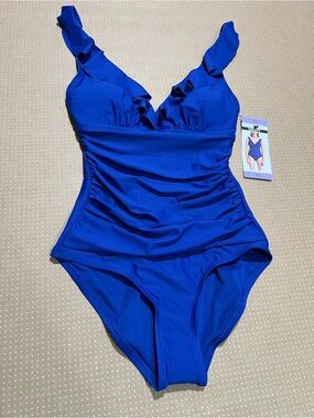 NWT DKNY Blue Women’s Ruffle-Trim One-Piece Swimsuit XS